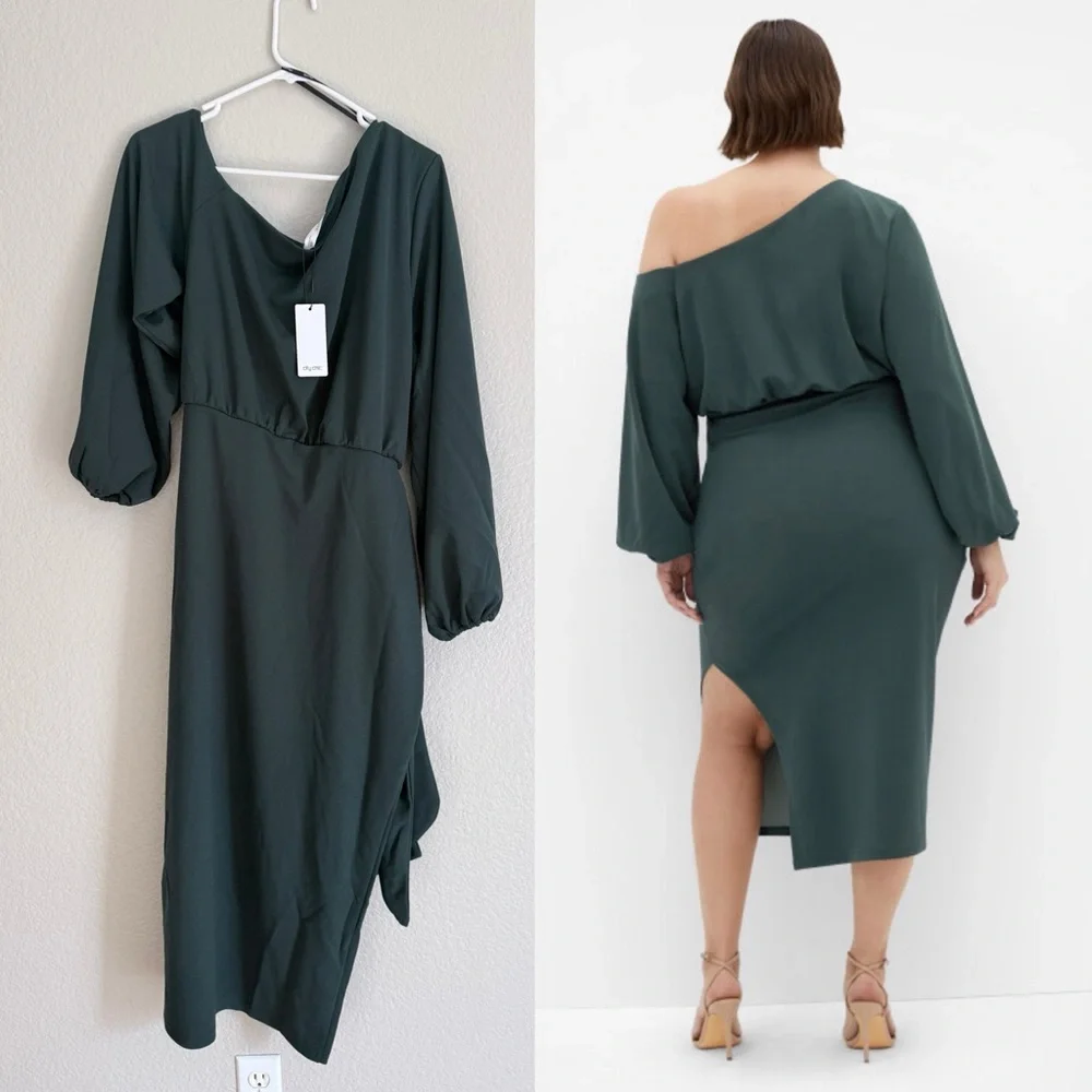 City Chic Plus Size Alysia Tie Front One-Shoulder Midi Dress Forest Green - Picture 3 of 5